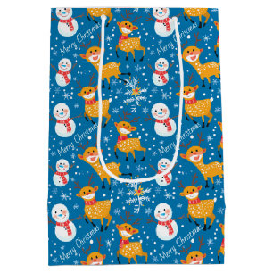 Sacola Para Presentes Média Bonita Reindeer e Azul Neve