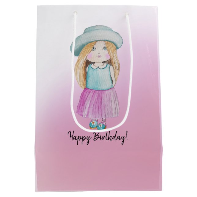 Sacola Para Presentes Média Bonitinha Rosa Pinta Feliz Aniversário Aquarela (Verso)