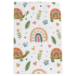 Sacola Para Presentes Média Bonito Aquarela Tartaruga e Padrão Arco-Íris