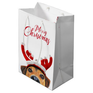 Sacola Para Presentes Média Bonito Cachorro de Natal Reindeer Antler Headband