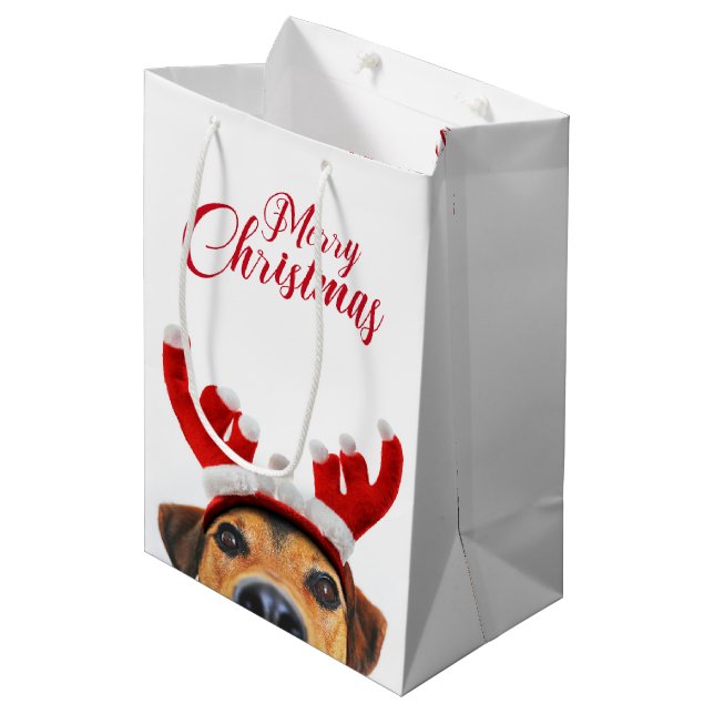 Sacola Para Presentes Média Bonito Cachorro de Natal Reindeer Antler Headband (Frente inclinada)