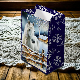 Sacola Para Presentes Média Bonito Cavalo Branco Fazenda Festiva Natal