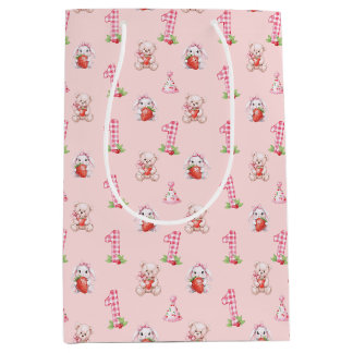 Sacola Para Presentes Média Bonito Gingham Rosa, Bunnies e Ursos!