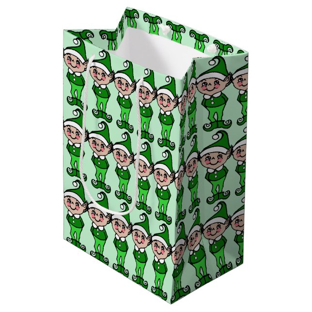 Sacola Para Presentes Média Bonito Retro Natal Verde Elves Elf Gift Bag (Frente inclinada)