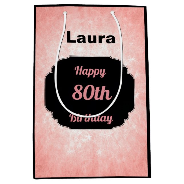 Sacola Para Presentes Média Bonito rosa Adicionar nome 80 de aniversário (Frente)