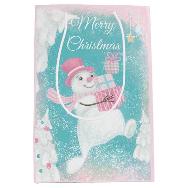 Sacola Para Presentes Média Bonito Snowman Rosa e Mint Natal (Frente)