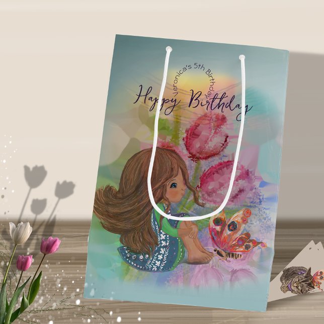 Sacola Para Presentes Média borboleta 5 (5th birthday girl butterfly medium gift bag)