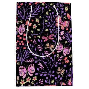 Sacola Para Presentes Média Borboleta Colorida E Flores Rosa