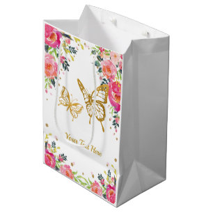 Sacola Para Presentes Média Borboleta Dourado bonito/aguarela cor-de-rosa