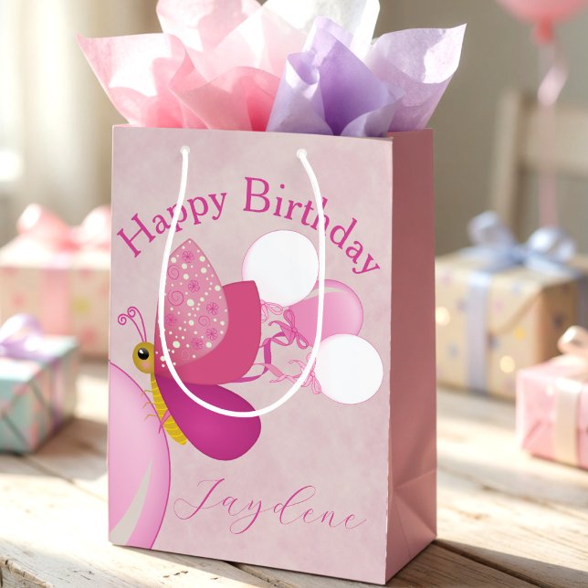 Sacola Para Presentes Média Borboleta Ilustrada Rosa Com Balões (Gift bags with wings. Swirly butterfly + balloons make every present festive.)