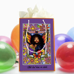 Sacola Para Presentes Média Borboleta Monarca Fada Purple Floral