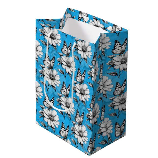 Sacola Para Presentes Média Borboleta no padrão de flores Design azul (Criador carregado)