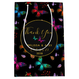 Sacola Para Presentes Média Borboletas Coloridas Elegantes no Casamento Negro