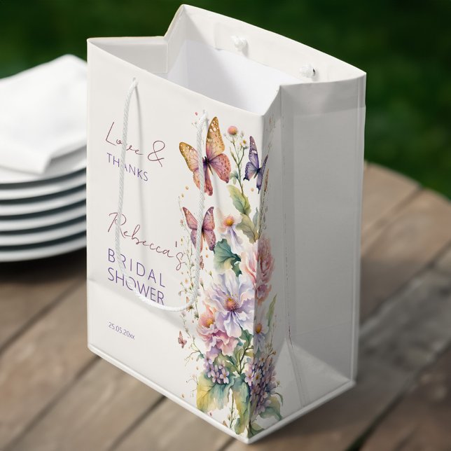Sacola Para Presentes Média Borboletas favores de chás de panela florais (Butterflies enchanted garden floral bridal shower favors personalized printed medium favor gift bag)
