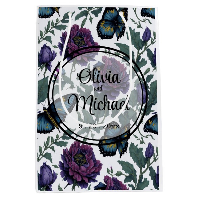 Sacola Para Presentes Média Borboletas florais magenta púrpura de ameixa de vi (Frente)