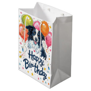 Sacola Para Presentes Média Borda Collie com Balões