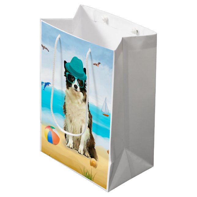 Sacola Para Presentes Média Borda Collie Dog na praia (Frente inclinada)
