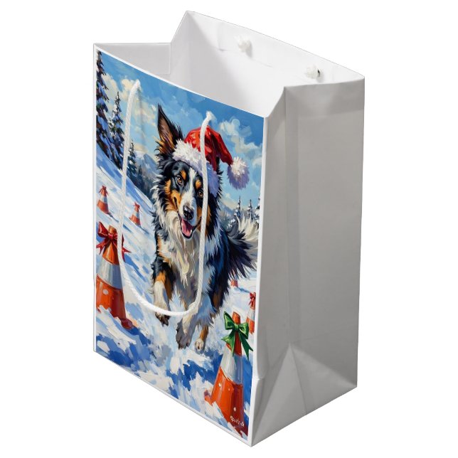 Sacola Para Presentes Média Border Collie Dog Christmas Snow Agility Fun (Frente inclinada)