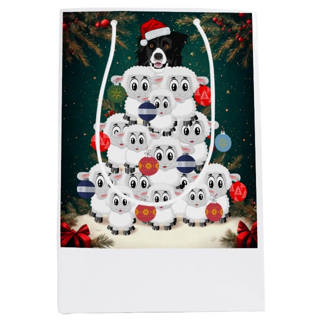 Sacola Para Presentes Média Border Collie Pastoreando Árvore de Natal (Frente)