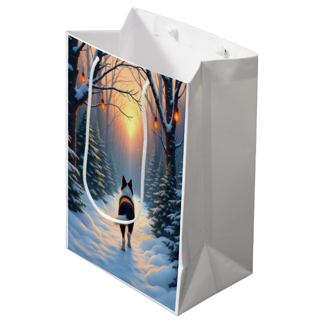 Sacola Para Presentes Média Border Collie Snowy Forest Walk Holiday Painting (Frente inclinada)