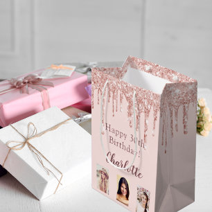 Sacola Para Presentes Média Borracha de aniversário rosa dourada goteja foto 