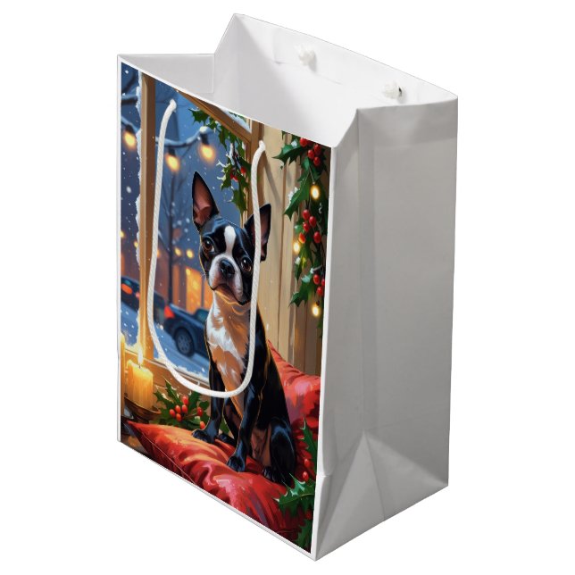Sacola Para Presentes Média Boston Terrier com férias de Natal (Frente inclinada)