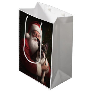 Sacola Para Presentes Média Boston Terrier Com Papai Noel Natal Festivo