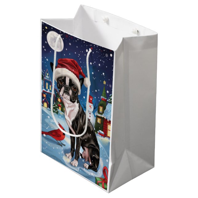 Sacola Para Presentes Média Boston Terrier Dog Winter Wonderland Natal Joy (Frente inclinada)