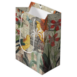 Sacola Para Presentes Média Botânica Vintage de Pássaros Natureza Antiga Tropi