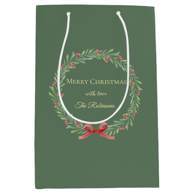 Sacola Para Presentes Média Botanical Christmas Wreath Modern Script (Frente)