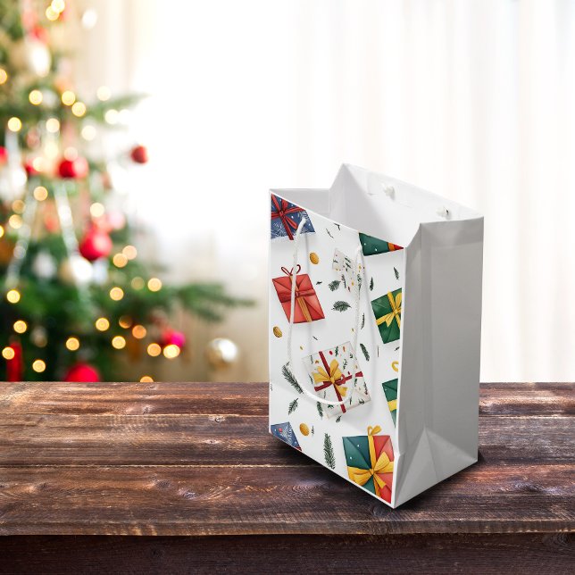 Sacola Para Presentes Média Boxes de Natal Brilhantes e Folhas Evergreen (Criador carregado)