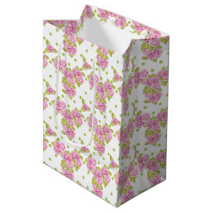 SACOLA PARA PRESENTES MÉDIA BRANCO COM FLORES DE TINY PINK E FOLHAS DE VERDE L