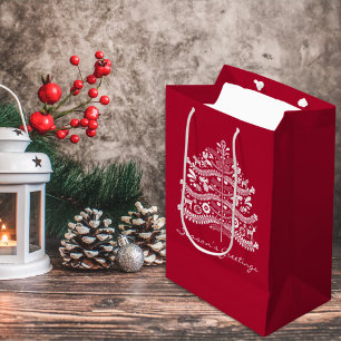Sacola Para Presentes Média Branco sobre a Árvore Nórdica de Natal Vermelha Es