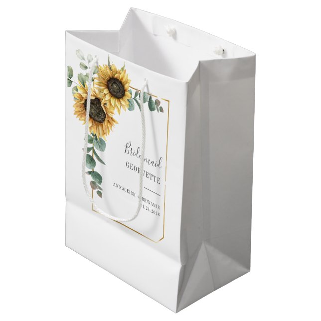 Sacola Para Presentes Média Bridesmaid Sunflower Eucalyptus Floral Weding (Frente inclinada)