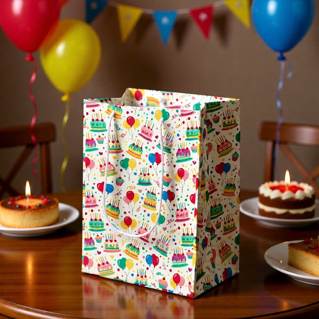 Sacola Para Presentes Média Bright Birthday Cakes and Balloons Wrapping Paper (Criador carregado)