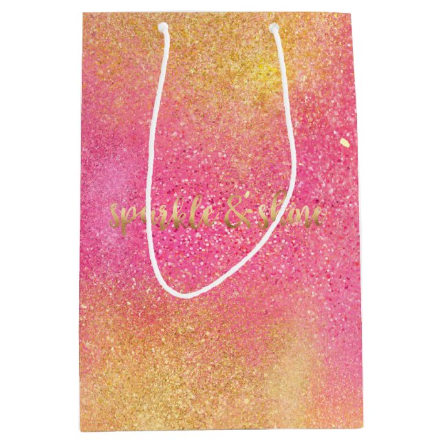Sacola Para Presentes Média Brilhante Dourado cor-de-rosa e brilho (Frente)