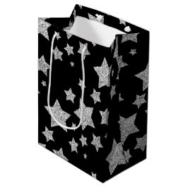 Sacola Para Presentes Média Brilhante prateado brilha Estrelas padrão preto