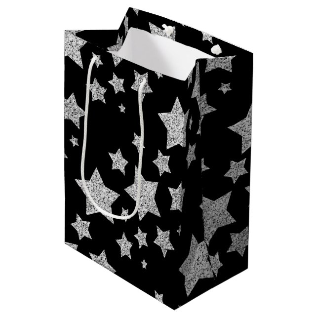Sacola Para Presentes Média Brilhante prateado brilha Estrelas padrão preto (Frente inclinada)
