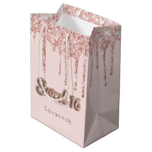 Sacola Para Presentes Média Brilhante rosa de ouro personalizado de 16 anos