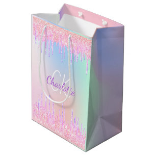 Sacola Para Presentes Média Brilho de arco-íris pinga monograma de luxo rosa