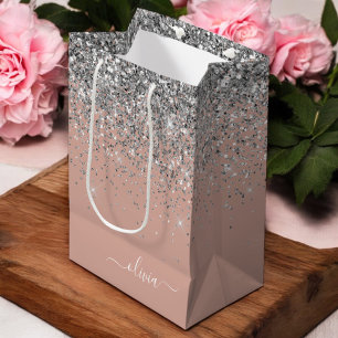 Sacola Para Presentes Média Brilho Rosa Dourado Rosa Prata Monograma Feminino