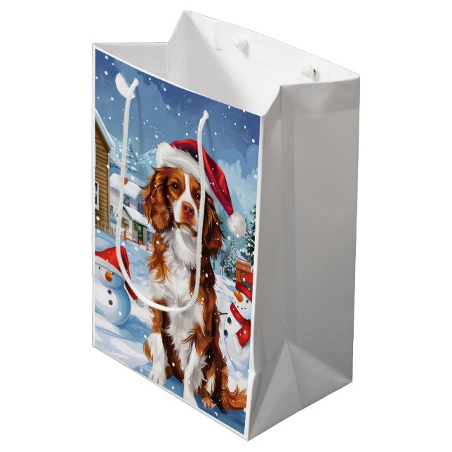 Sacola Para Presentes Média Brittany Spaniel Dog Winter Wonderland Natal (Frente inclinada)