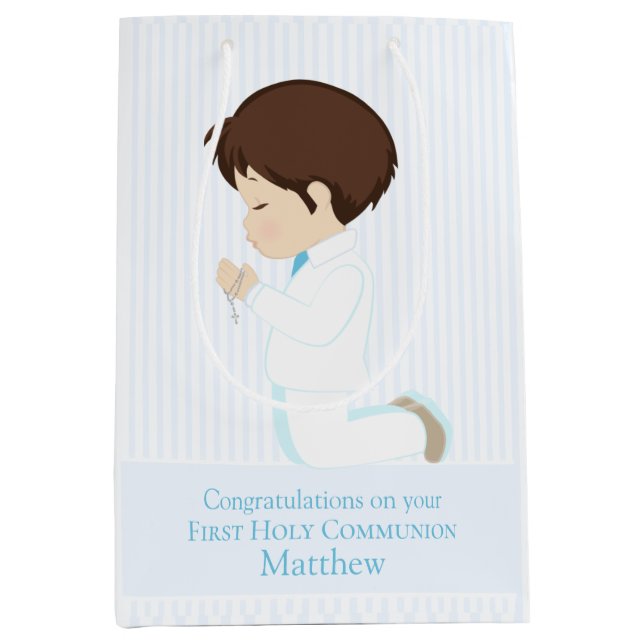 Sacola Para Presentes Média Brunette Boy First Communtion Gift Bag (Frente)