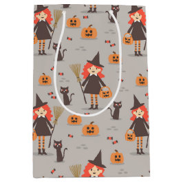 Sacola Para Presentes Média Bruxa Bonita do Halloween, Abóbora, Gato Negro
