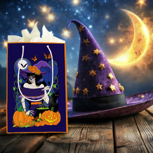 Sacola Para Presentes Média Bruxa de Halloween Elegante Açúcar Caveira Roxa