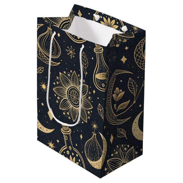 Sacola Para Presentes Média Bruxaria Celestial Mística - Botânico Dourado (2) (Frente inclinada)