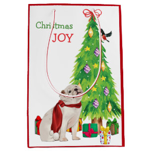 Sacola Para Presentes Média Buldogue Branco, Pássaro e Árvore de Natal