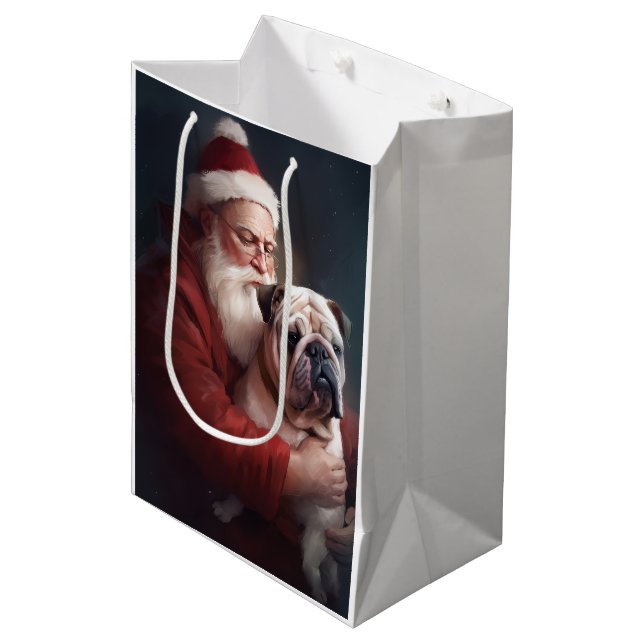 Sacola Para Presentes Média Buldogue com Papai Noel Natal Festivo (Frente inclinada)