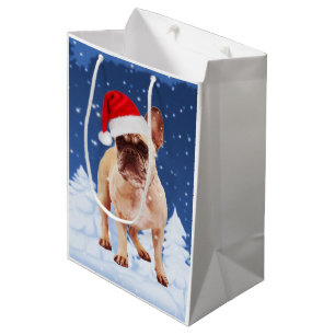Sacola Para Presentes Média Buldogue francês no Natal da neve com o Papai Noel