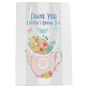 Sacola Para Presentes Média Bule rosa com flores e borboletas Obrigado